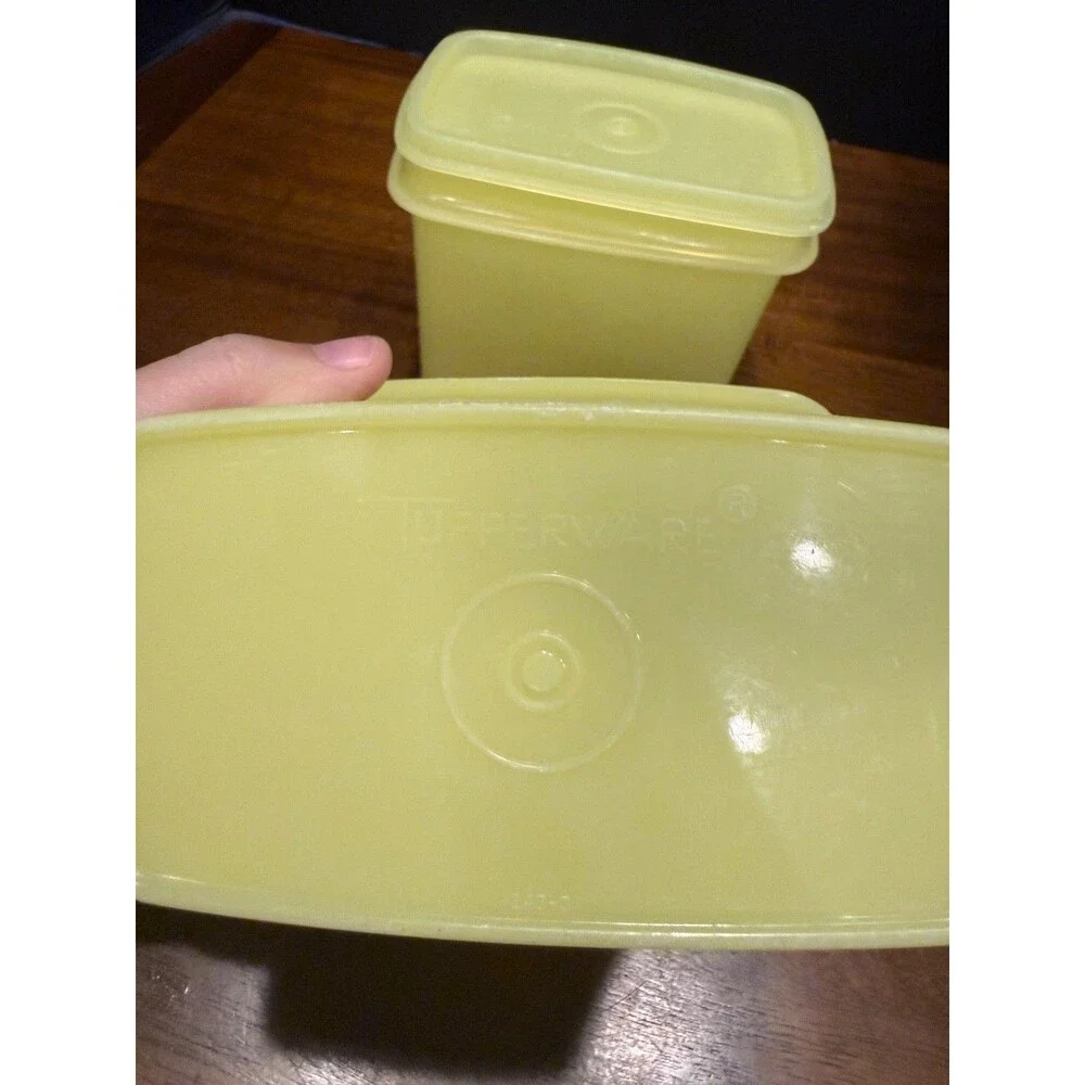 Lot of 2 Tupperware Vintage Shelf Saver Rectangle Small Container Yellow 1243-8.